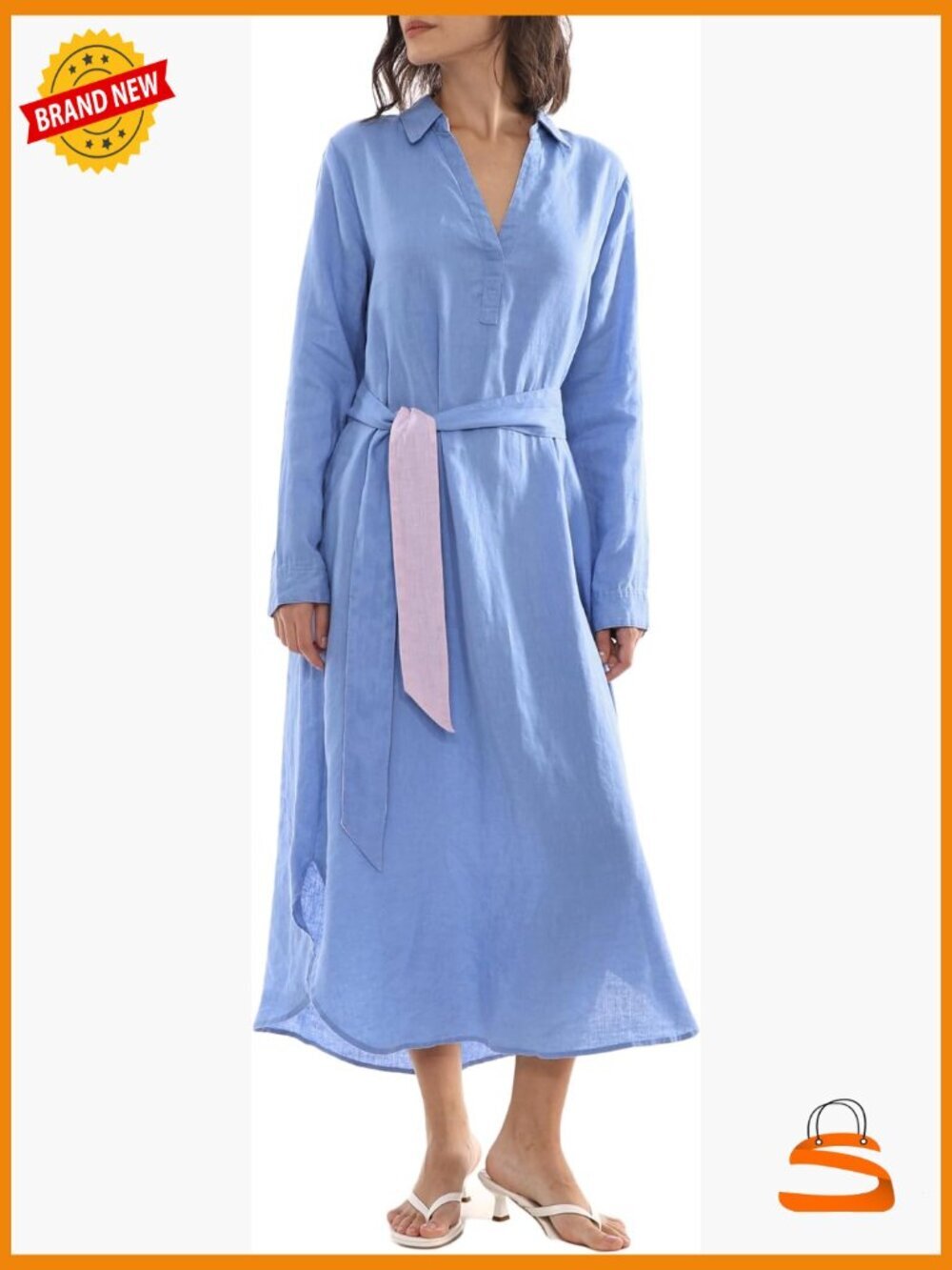 100% Linen Long Sleeve Midi Dress with Belt